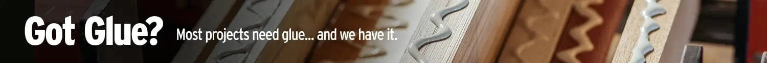 Promotional text for a glue product with a background of various glued items.