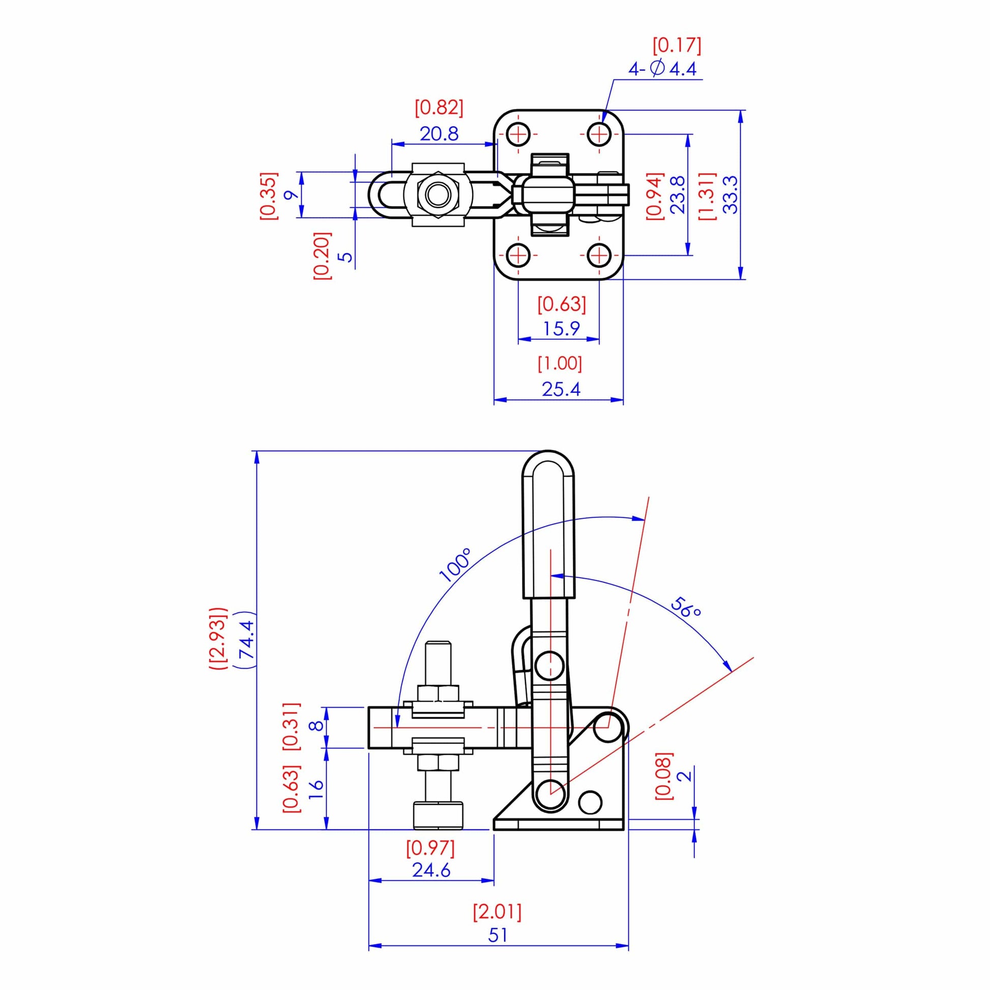Vertical Handle Toggle Clamp, 1" x 0", 100 lb. Capacity alt 1