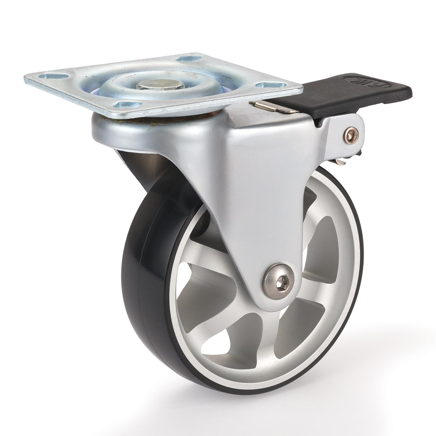 3" Aluminum Spoked Caster Locking Swiveling with 4 Hole Mounting Plate alt 0