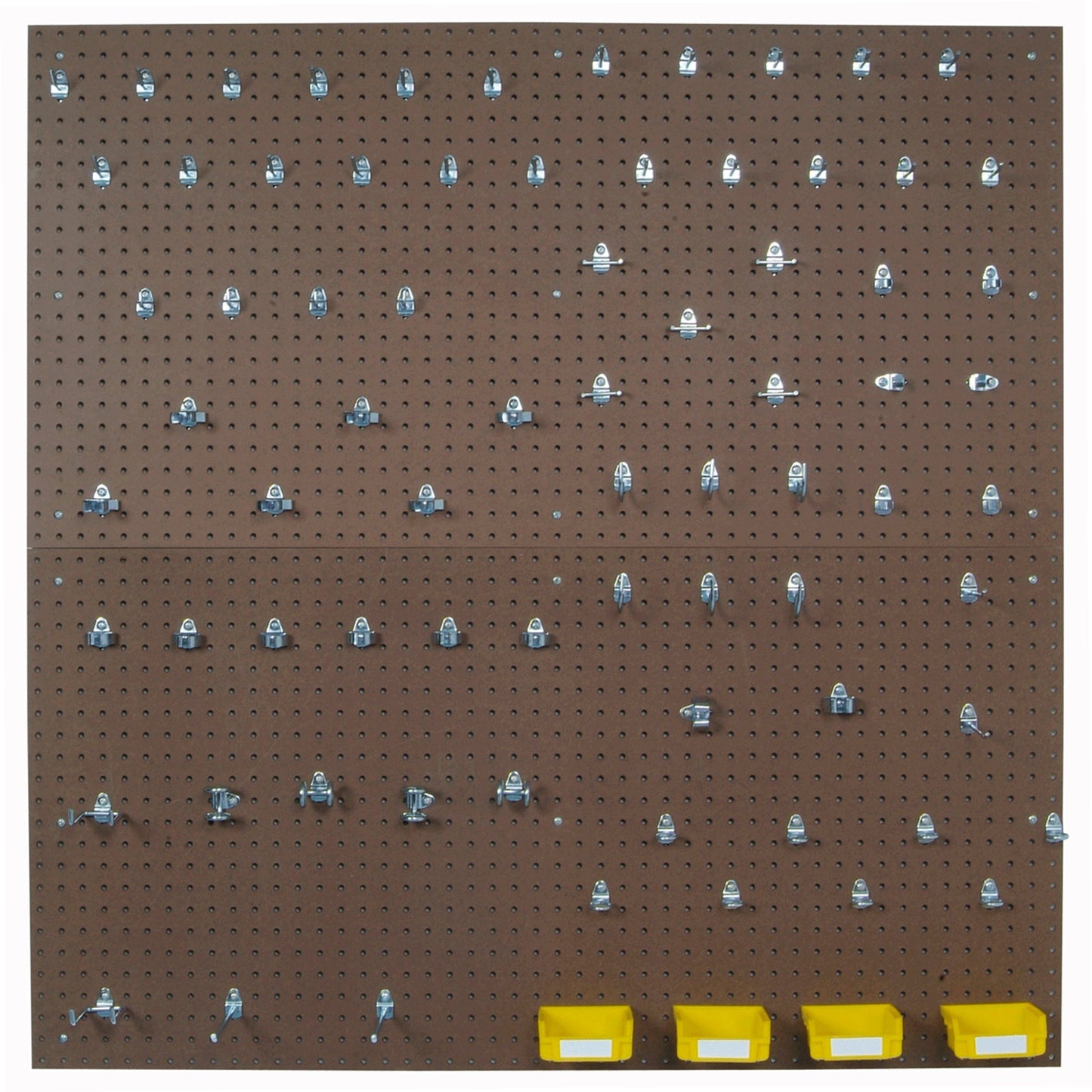 (2) 24 In. W x 48 In. H x 1/4 In. D Tempered Wood Pegboards with 79 pc. DuraHook Assortment, 4 Hanging Bins & Wall Mount alt 0