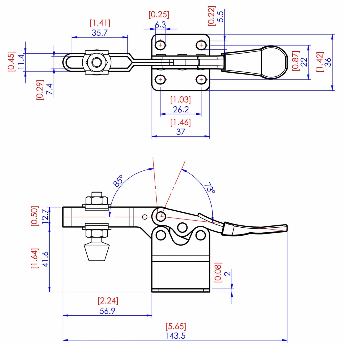 High Base Toggle Clamp - 2-1/4" x 7/8" - 200 lb Capacity alt 0