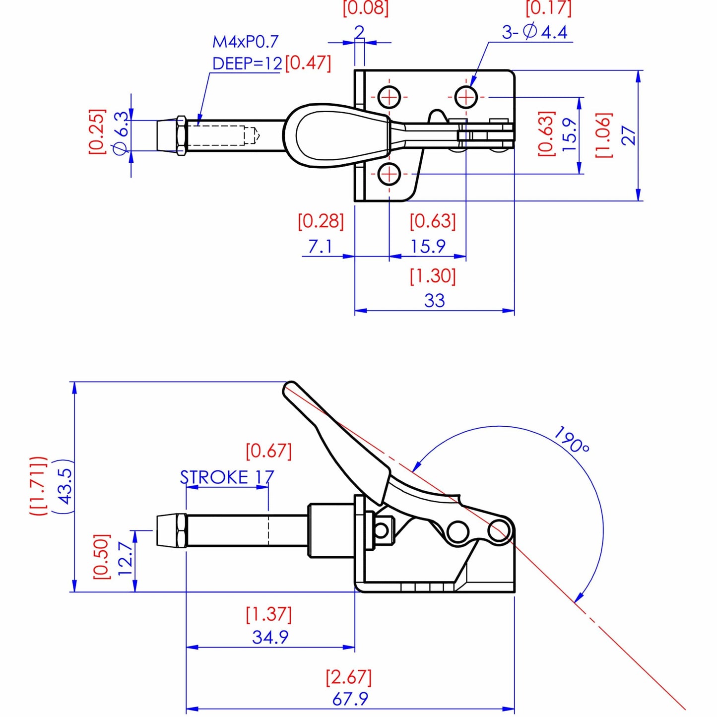 Mini Straight Line Toggle Clamp 1-3/8 x 1/2, 100lbs. alt 1