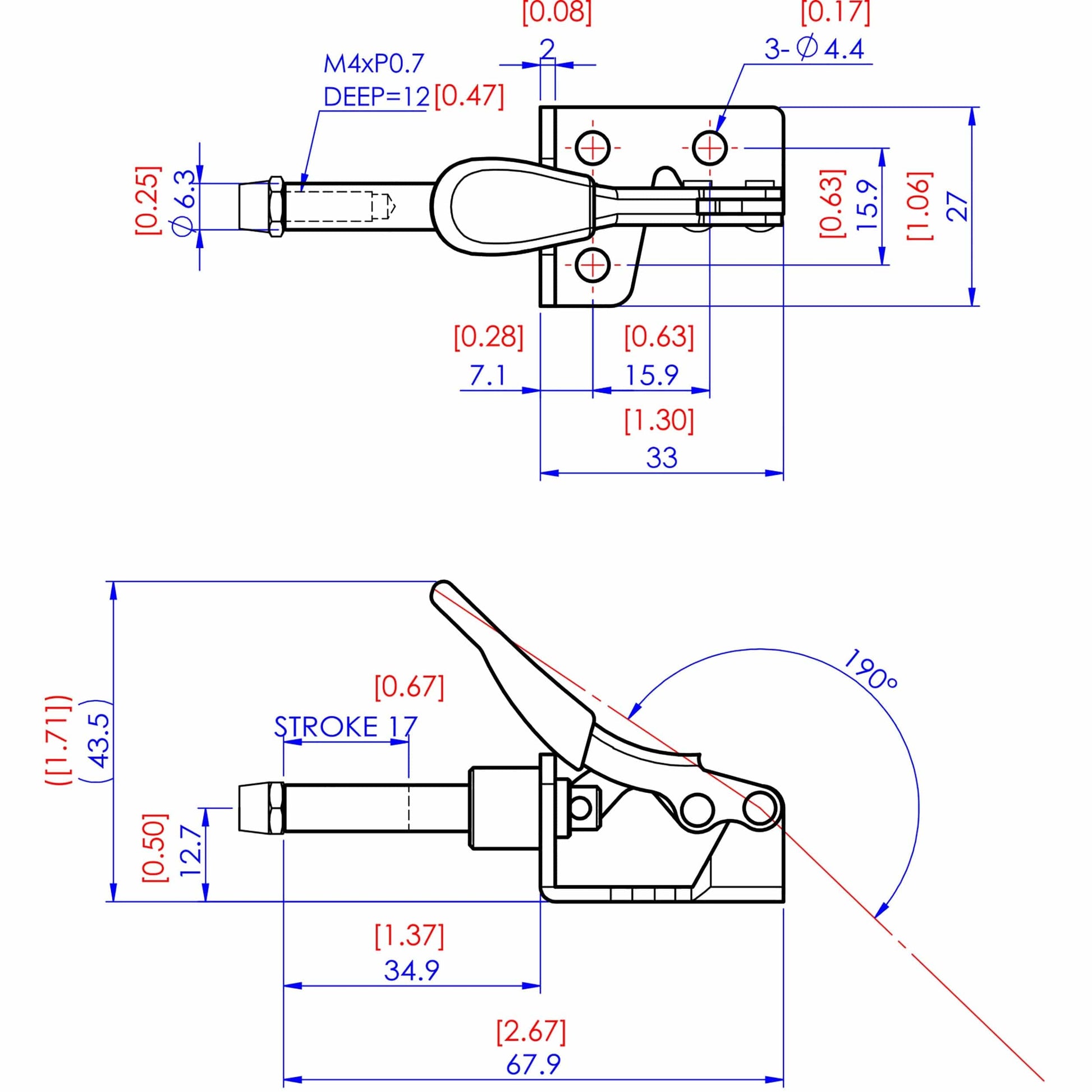 Mini Straight Line Toggle Clamp 1-3/8 x 1/2, 100lbs. alt 1