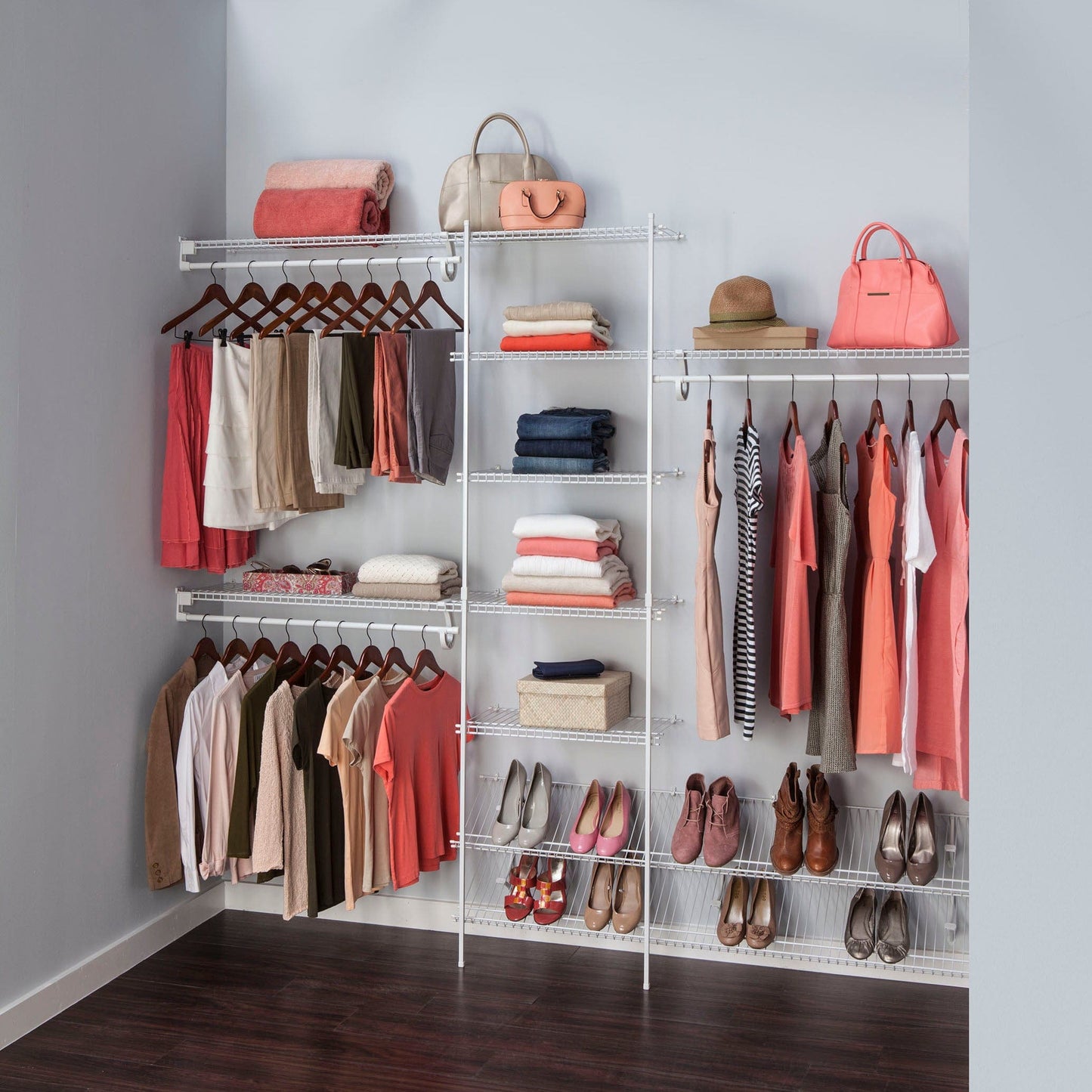 SuperSlide Closet Organizer Kit with Shoe Shelf 5' - 8' W Fixed Mount, White alt 0