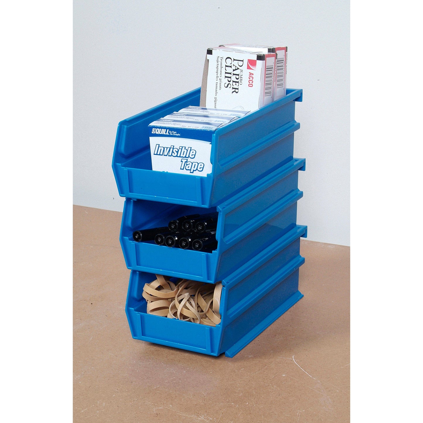 5-3/8" L x 4-1/8" W x 3" H Blue Stacking, Hanging, Interlocking Polypropylene Bins, 6 CT alt 0