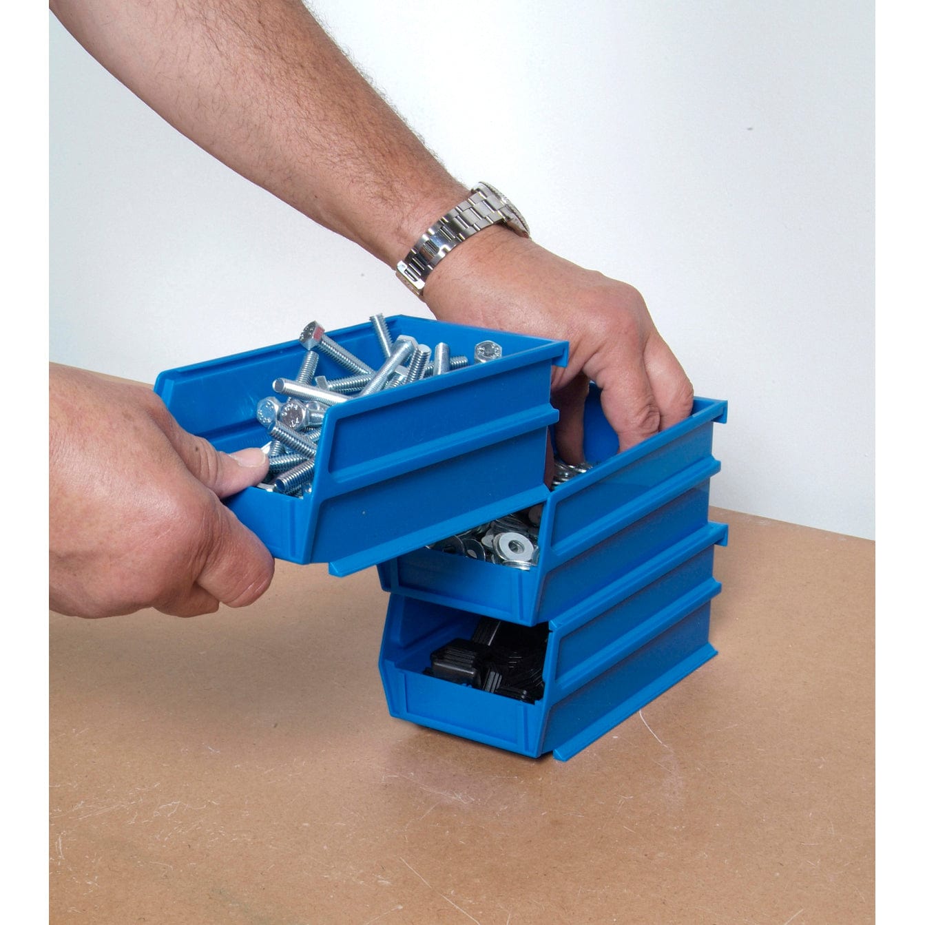 5-3/8" L x 4-1/8" W x 3" H Blue Stacking, Hanging, Interlocking Polypropylene Bins, 6 CT alt 0
