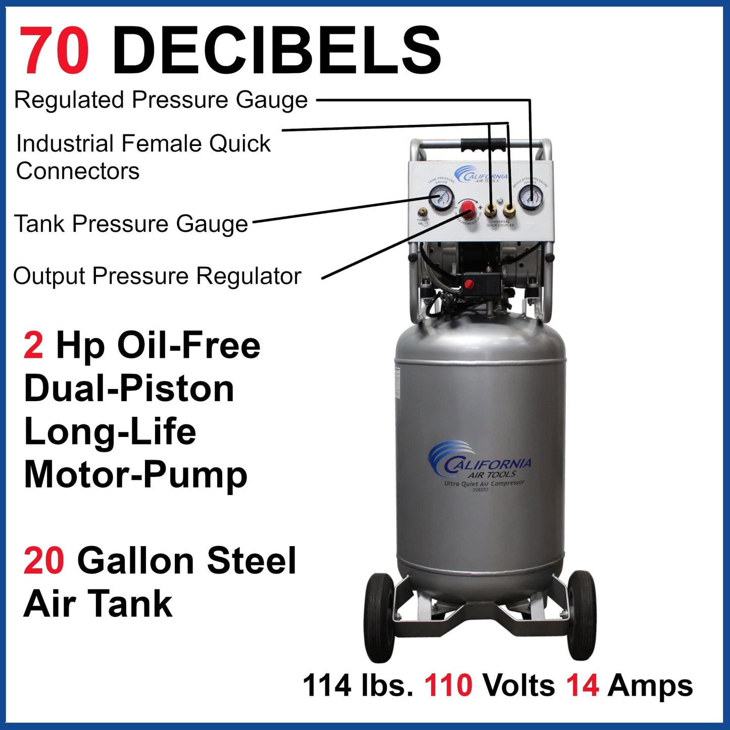 2HP 20 Gallon Oil-Free Steel Tank Air Compressor alt 0
