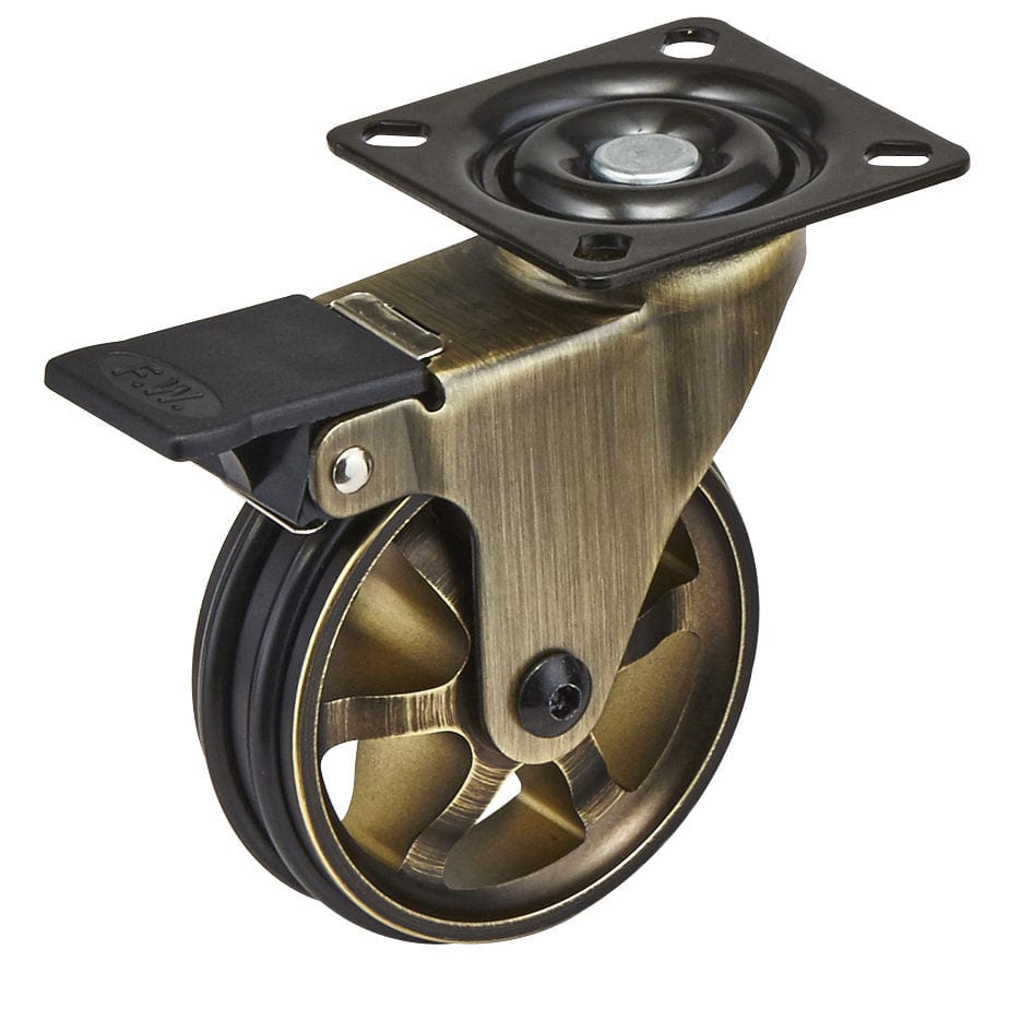 4" D Aluminum Single Wheel Vintage Caster Swivel with Brake with Plate Rustic Brass alt 0