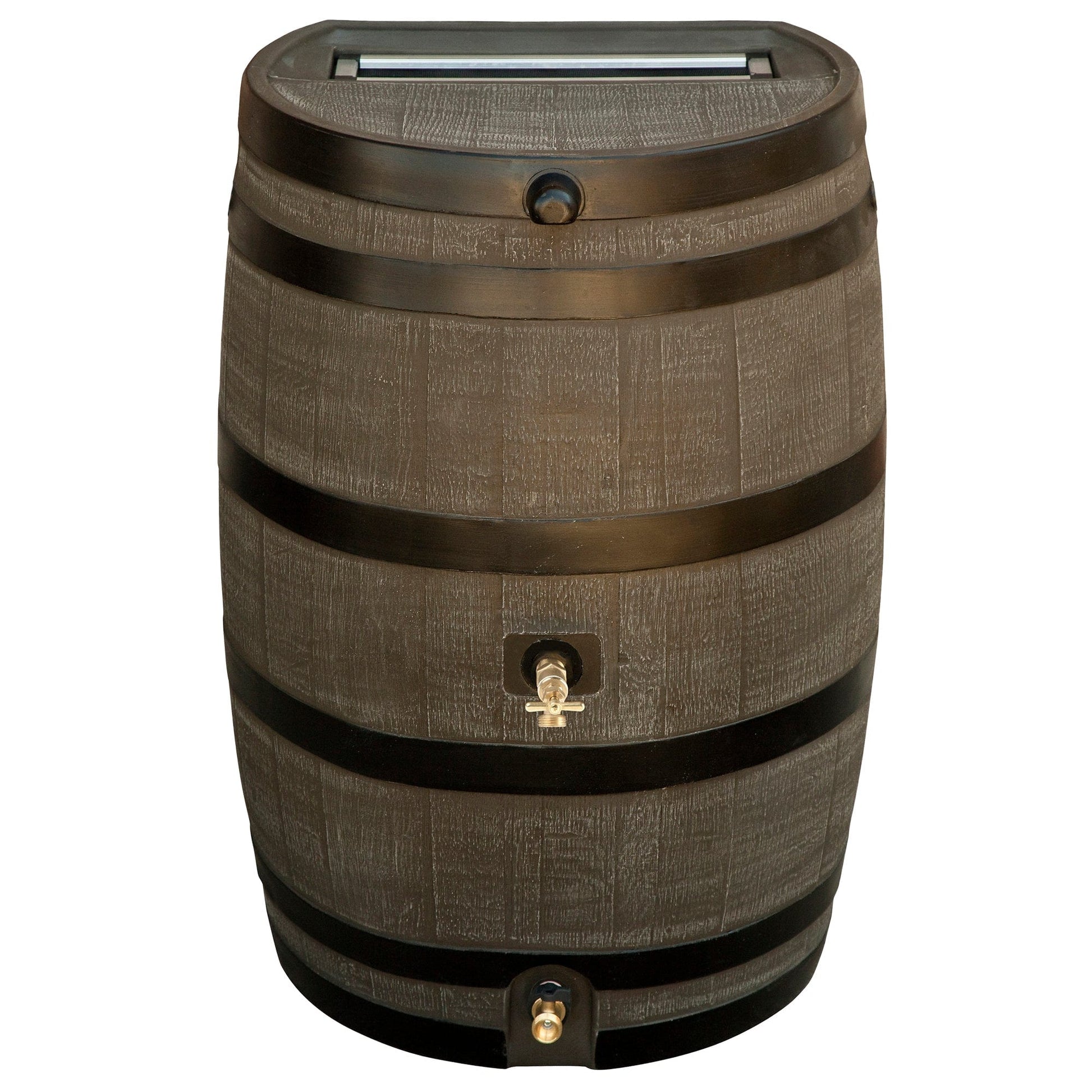 Polyethylene 50 Gallon Flat Back Dual Brass Spigot Rain Barrel Woodgrain with Black Stripes alt 0