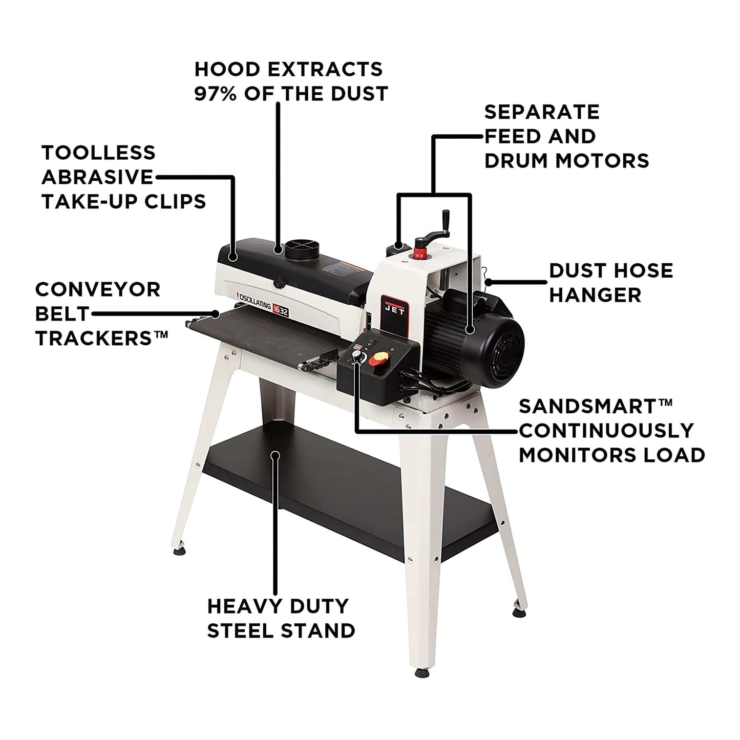 16" Oscillating Drum Sander with Stand - 1-1/2 HP 1 Ph 115V - JWDS-1632OSC alt 0