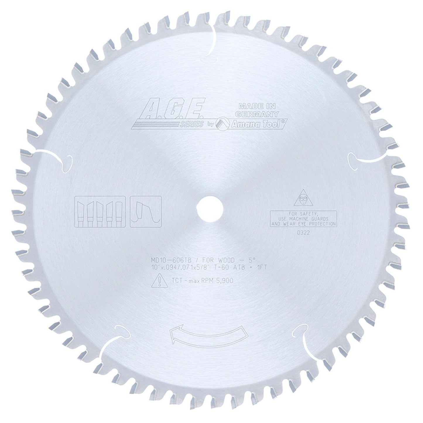 10" x 60T Carbide Tipped Thin Kerf Sliding Compound, Miter and Radial ArmBlade, Negative 5 Deg., 5/8" Bore, ATB alt 0