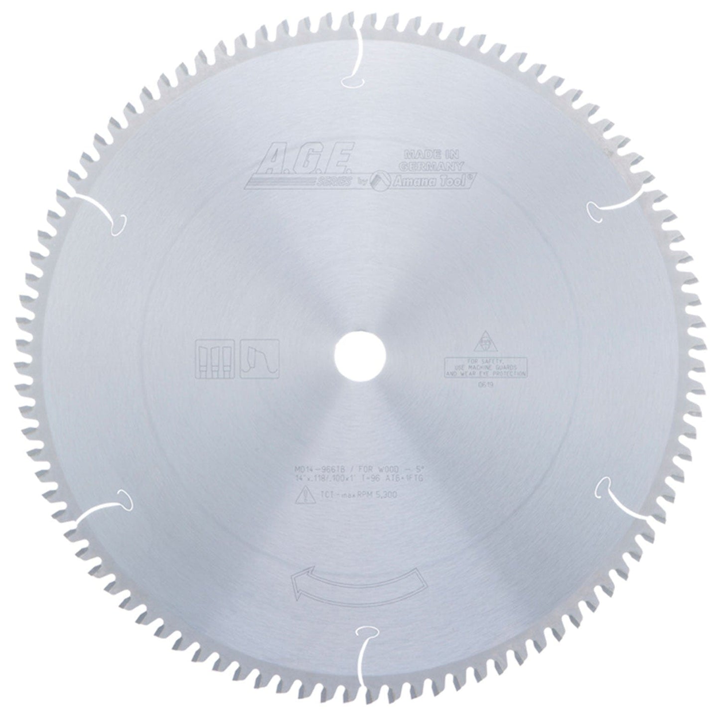 14" x 96T Carbide Tipped Thin Kerf Sliding Compound, Miter and Radial Arm Blade, Neg. 5 Deg., 1" Bore, ATB alt 0