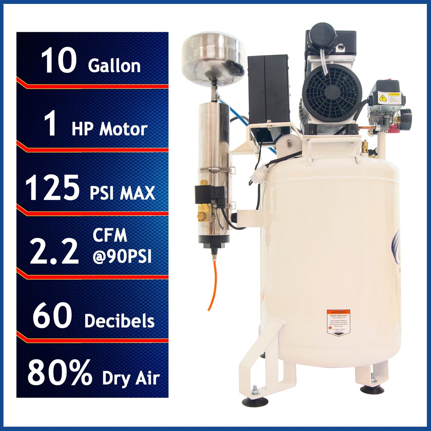 1HP 10 Gallon Oil-Free Steel Tank Air Compressor with Air Drying System and Aftercooler alt 0
