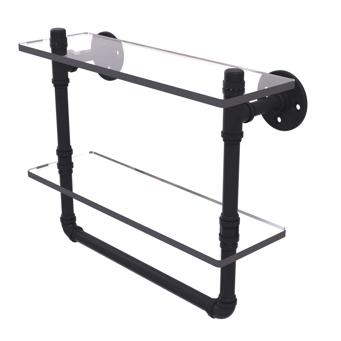 16" Double Glass Shelf with Towel Bar, Matt Black Finish alt 0
