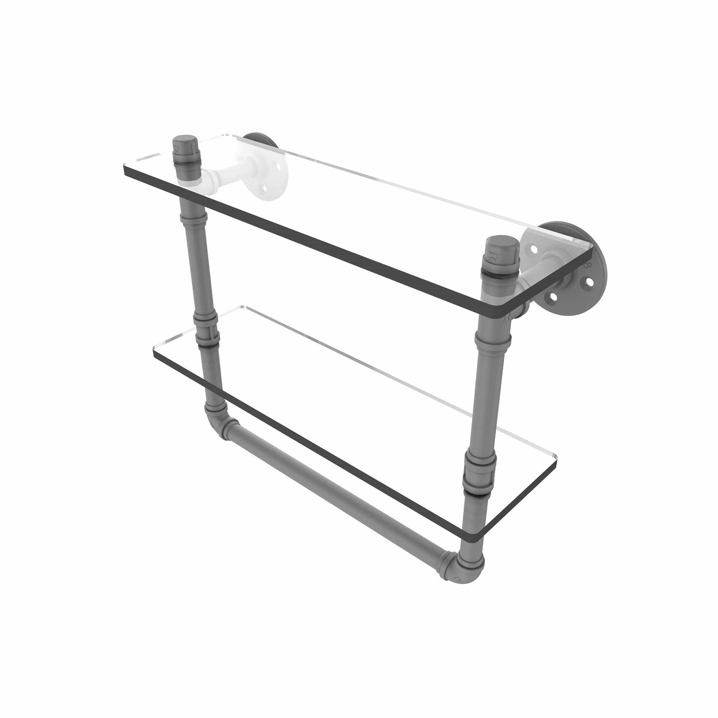 16" Double Glass Shelf with Towel Bar, Matt Gray Finish alt 0