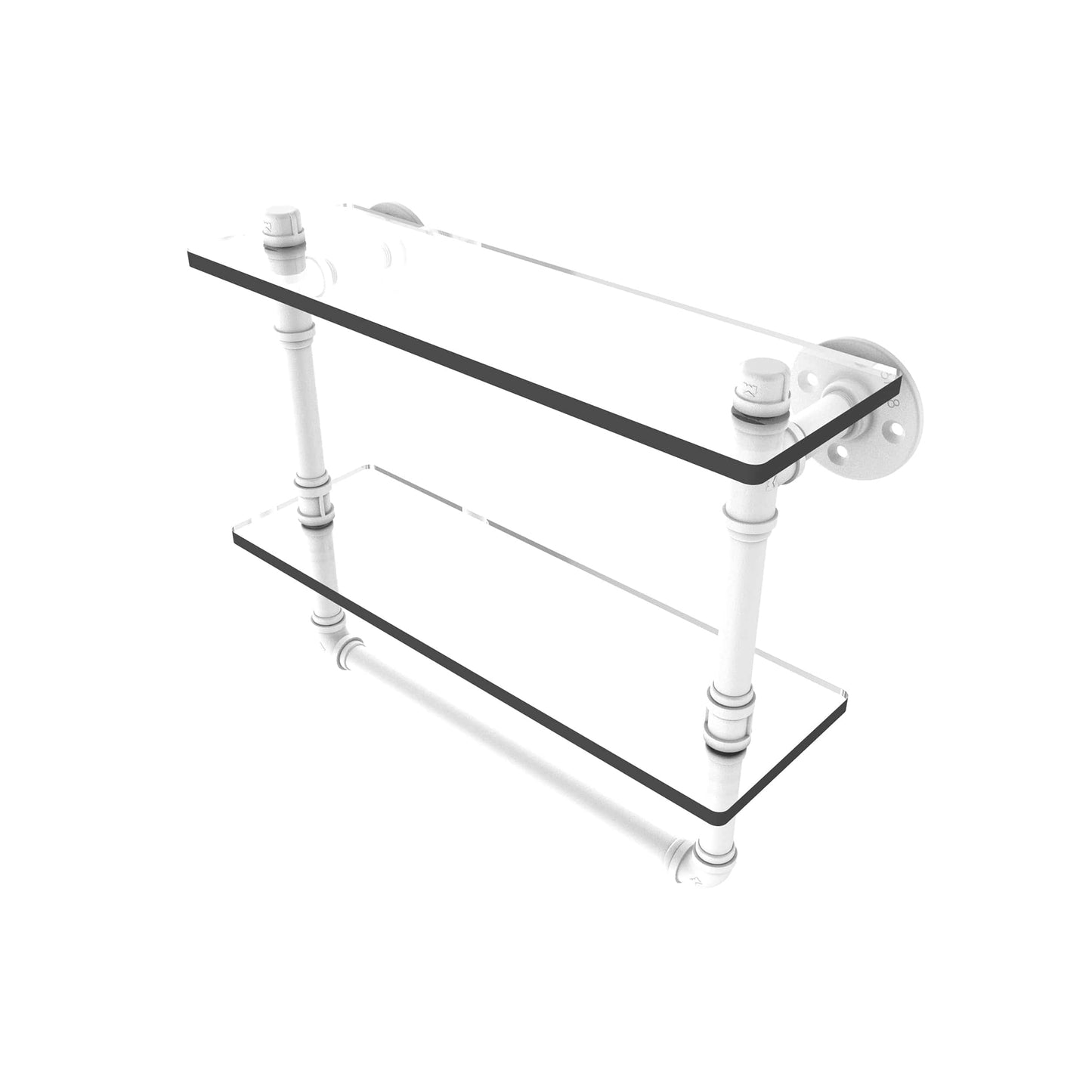 16" Double Glass Shelf with Towel Bar, Matt White Finish alt 0