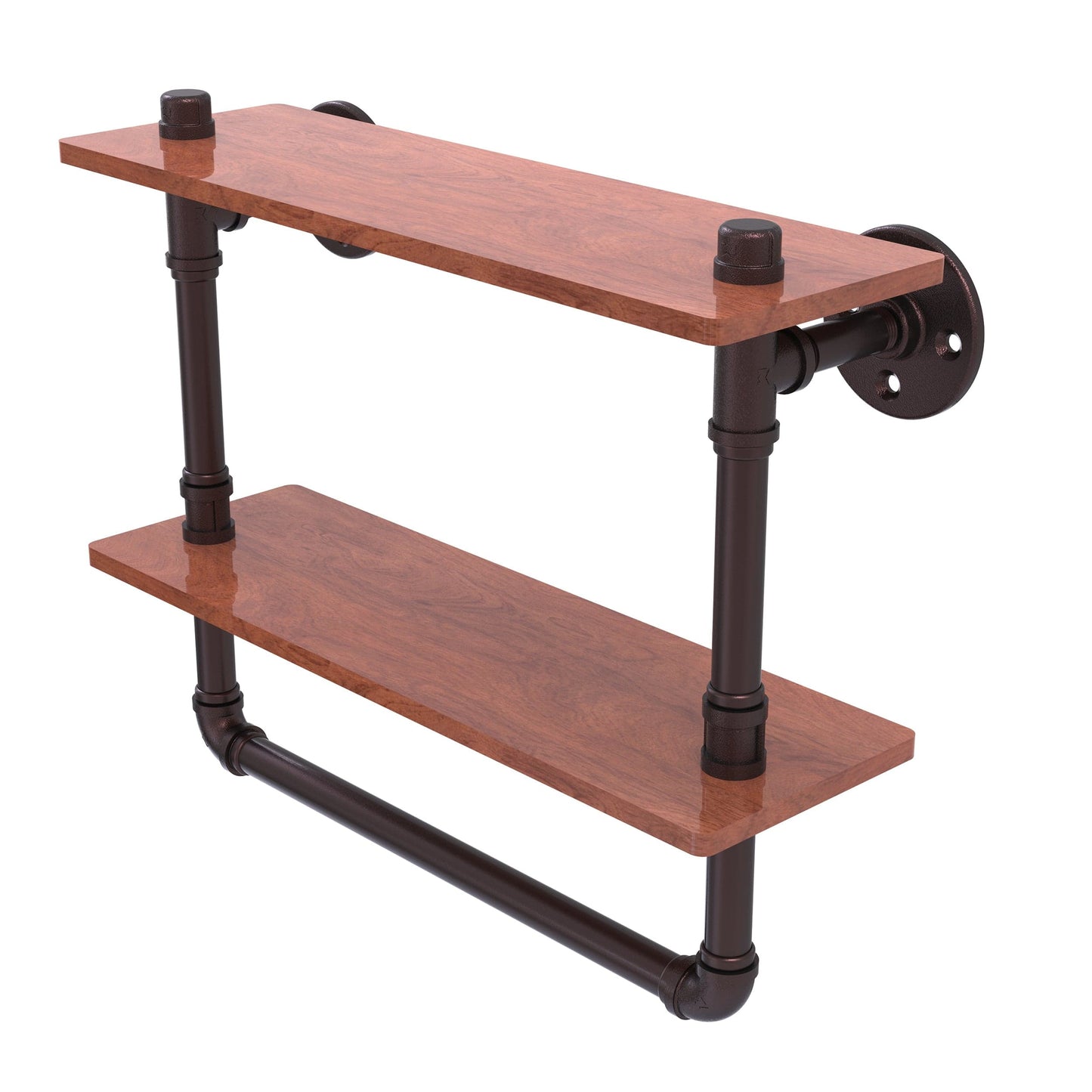 16" Double Ironwood Shelf with Towel Bar, Antique Bronze Finish alt 0
