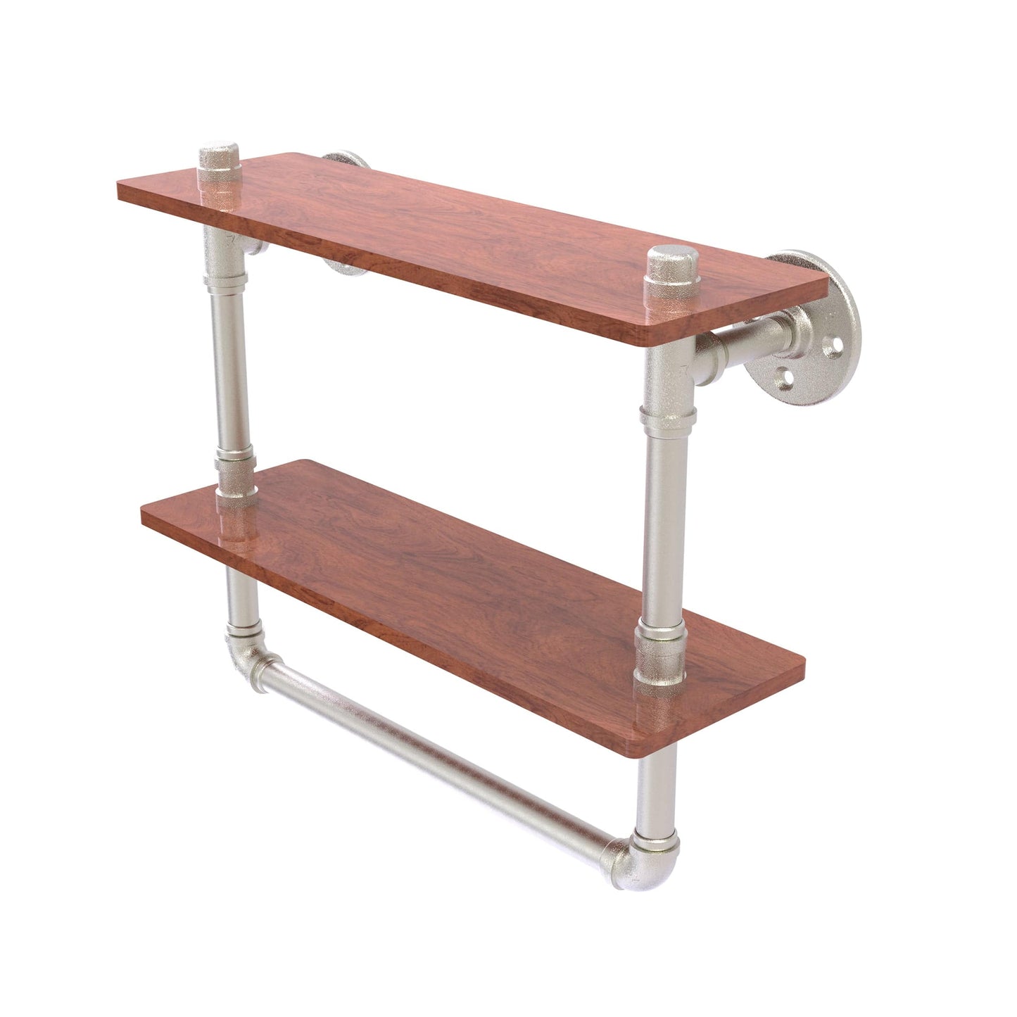 16" Double Ironwood Shelf with Towel Bar, Satin Nickel Finish alt 0