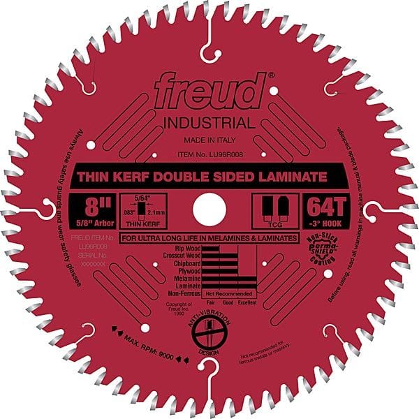 LU96R008 Double sided Laminate / Melamine Saw Blade 8" X 5/8" Bore X 64Tooth Thin Kerf alt 0