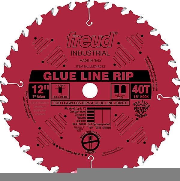 LM74R012 Glue Line Rip Saw Blade 12" x 1" Bore X 40 Tooth Full Kerf alt 0