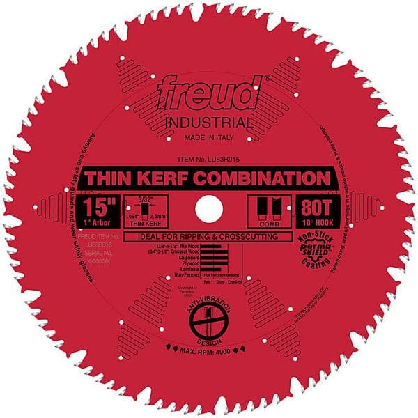 LU83R015 Industrial Thin Kerf Combination Blade, with Red Perma-Shield, 15" diameter, 1" arbor alt 0