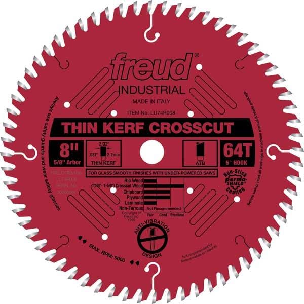 LU74R008 Industrial Thin Kerf Ultimate Cut-Off Wood Blade with Red Perma-Shield, 8" diameter, alt 0