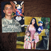 Two photos on a woodgrain background: a soldier in uniform and a woman with two children outdoors.