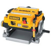Yellow DeWalt benchtop thickness planer with adjustable depth and feed controls on a metal base.