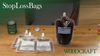 StopLossBags filled with wood finish and stain containers on a woodworking bench.