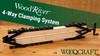 WoodRiver 4-Way Pressure Clamping System assembled on a wooden workbench with a wooden panel clamped inside.