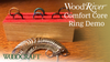 Wooden ring display with metal ring sizers and Comfort Core ring samples on a workshop table