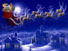 Santa Claus in sleigh with woodworking tools and wood pieces flying over snowy village at night