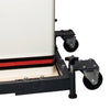 Close-up of heavy-duty caster wheels and adjustable leveling feet on a metal mobile base for workshop equipment.