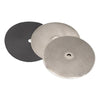 Three circular abrasive discs for sanding or grinding with a central mounting hole