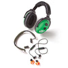 Hearing protection options including over-ear earmuffs, behind-the-neck earplugs, wired earbuds, and foam earplugs for