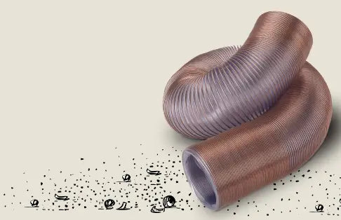 Two coiled flexible metal ducts on a beige background with small black icons.