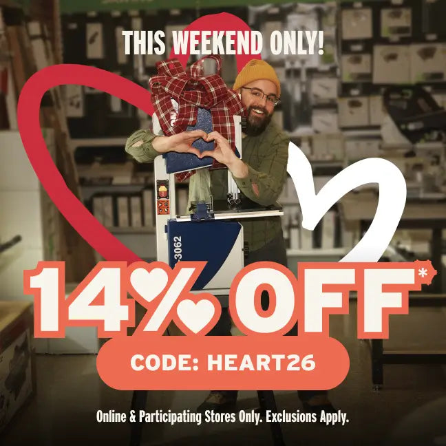 Promotional graphic with a person holding a heart-shaped gift, surrounded by text offering a discount this weekend.