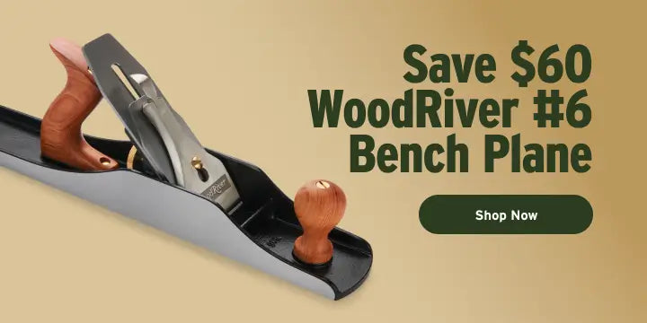 WoodRiver #6 bench plane with promotional text on a beige background