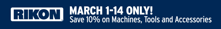 Rikon promotional banner with a 10% discount offer on machines, tools, and accessories from March 1 to 14.