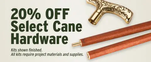 Promotional advertisement for 20% off select cane hardware with a gold-handled tool and wooden canes on a beige background.