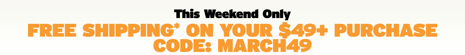 Promotional text for free shipping on a $49+ purchase with a code displayed.