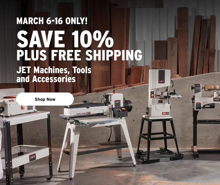 Woodworking machines and tools in a workshop with promotional text overlay.