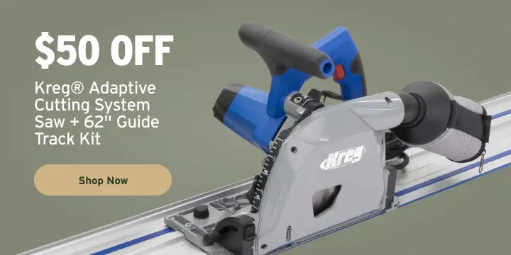Kreg Adaptive Cutting System Saw with 62-inch Guide Track Kit on a green background with promotional text.