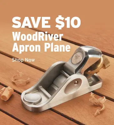 WoodRiver Apron Plane on a wooden surface with promotional text to save $10.