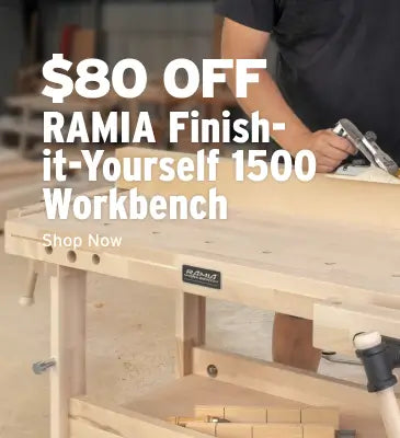 Wooden workbench with text overlay offering a discount on RAMIA Finish-it-Yourself 1500 Workbench.
