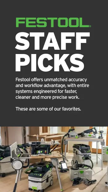 Promotional image of Festool tools with text highlighting their features.