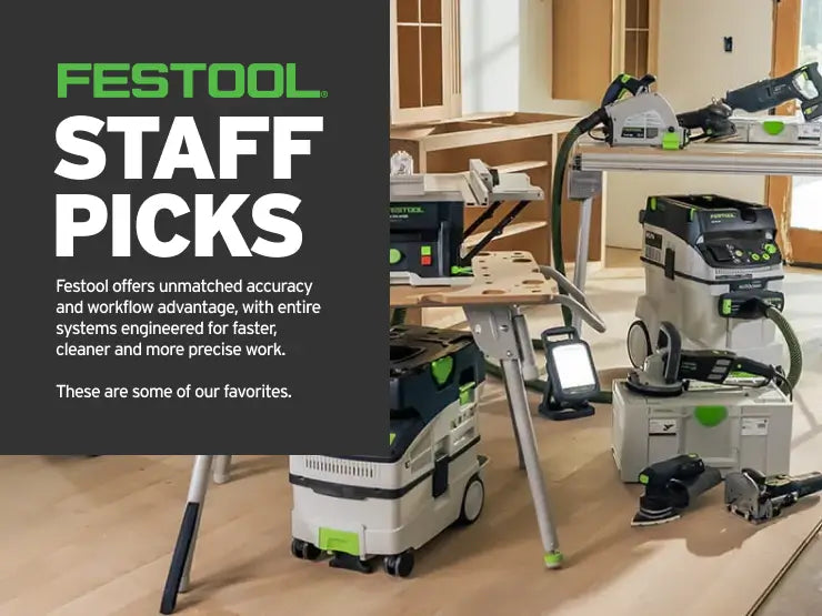 Festool tools in a workshop setting with text about their staff picks.