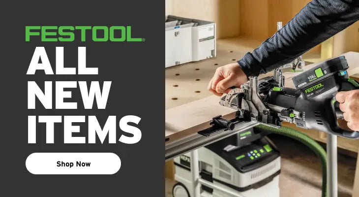 Festool power tool being used on a wooden surface with promotional text on the left.