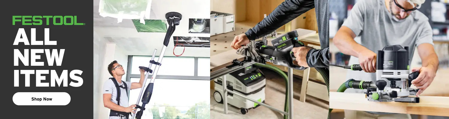 Promotional banner for Festool showing new items with a person using a tool and a product display.