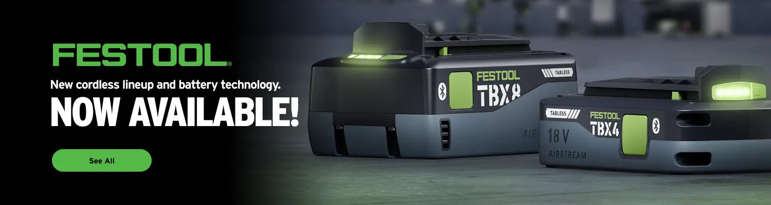 Festool battery packs with 'New cordless lineup and battery technology. Now available!' text on a dark background.